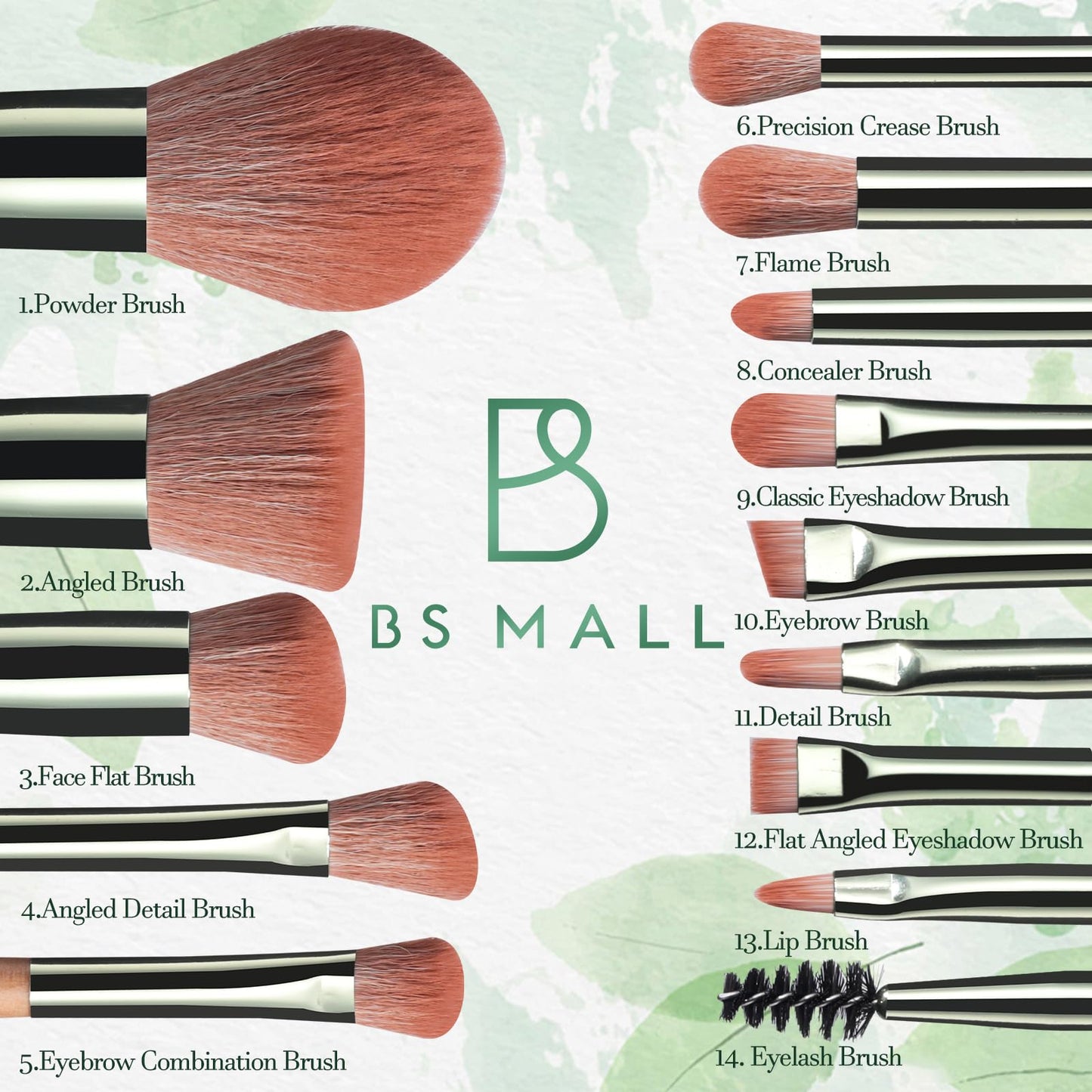 BS-MALL Travel Makeup Brush Set – 14 Pcs Foundation Powder Concealers Eye Shadows with LED Light Mirror, Green