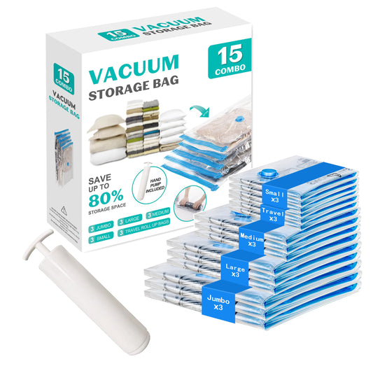 ZOESTORAGE Vacuum Seal Bags for Clothing Travel, 15 Combo - Space Saver Vacuum Storage Bags, Blankets Luggage Clothes - Hand Pump Included(3 Jumbo, 3 Large, 3 Medium, 3 Small, 3 Roll Up Bags)