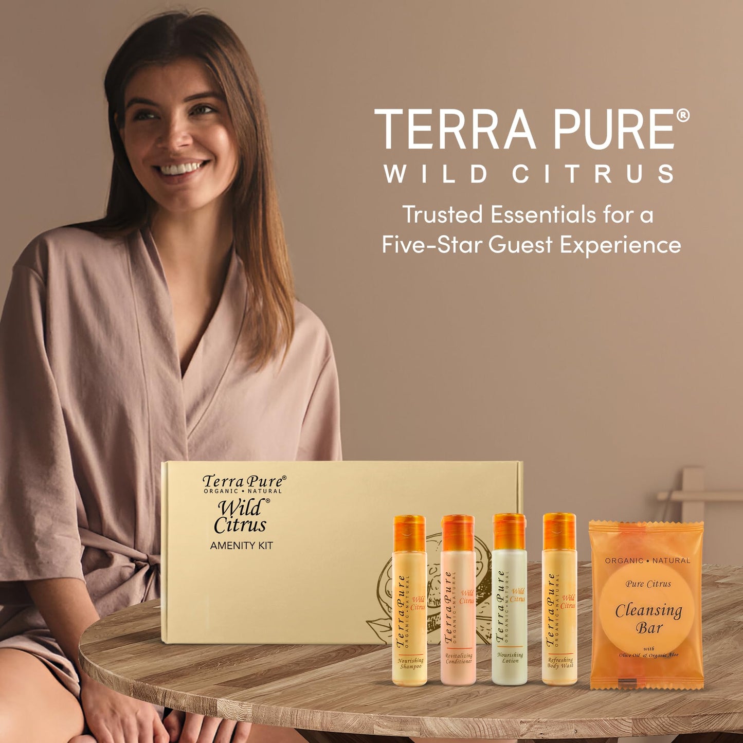 Terra Pure Amenity Kit | Boxed Hotel Toiletries Bulk Set | 1 oz Shampoo, Conditioner, Lotion, Body Wash & Cleansing Bar | 1 Set per Case