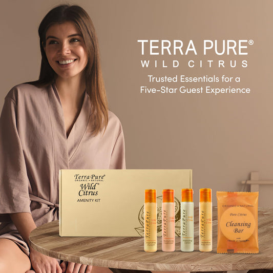 Terra Pure Amenity Kit | Boxed Hotel Toiletries Bulk Set | 1 oz Shampoo, Conditioner, Lotion, Body Wash & Cleansing Bar | 1 Set per Case