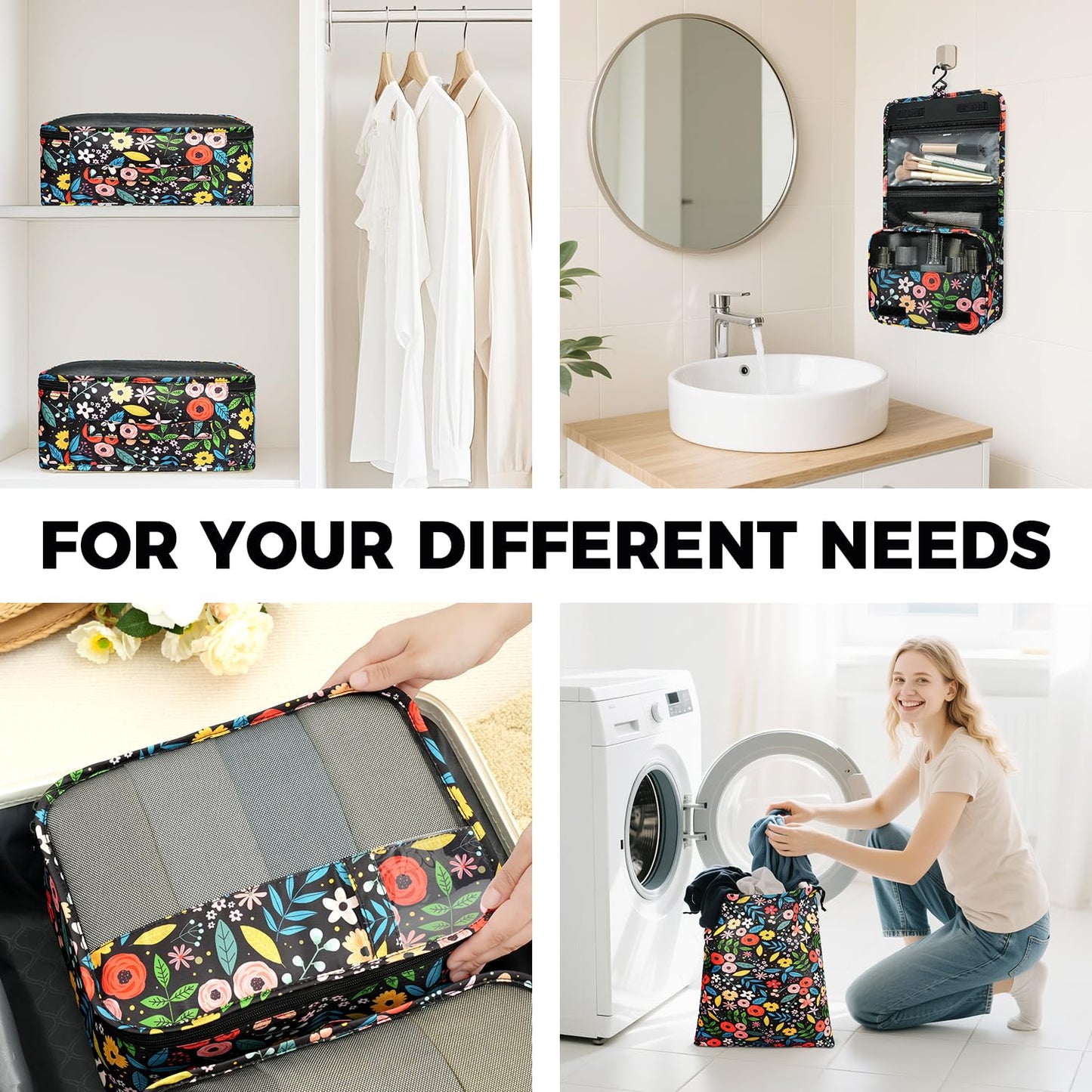 BAGAIL 9 Set Packing Cubes Luggage Packing Organizers for Travel Accessories (Black floral)