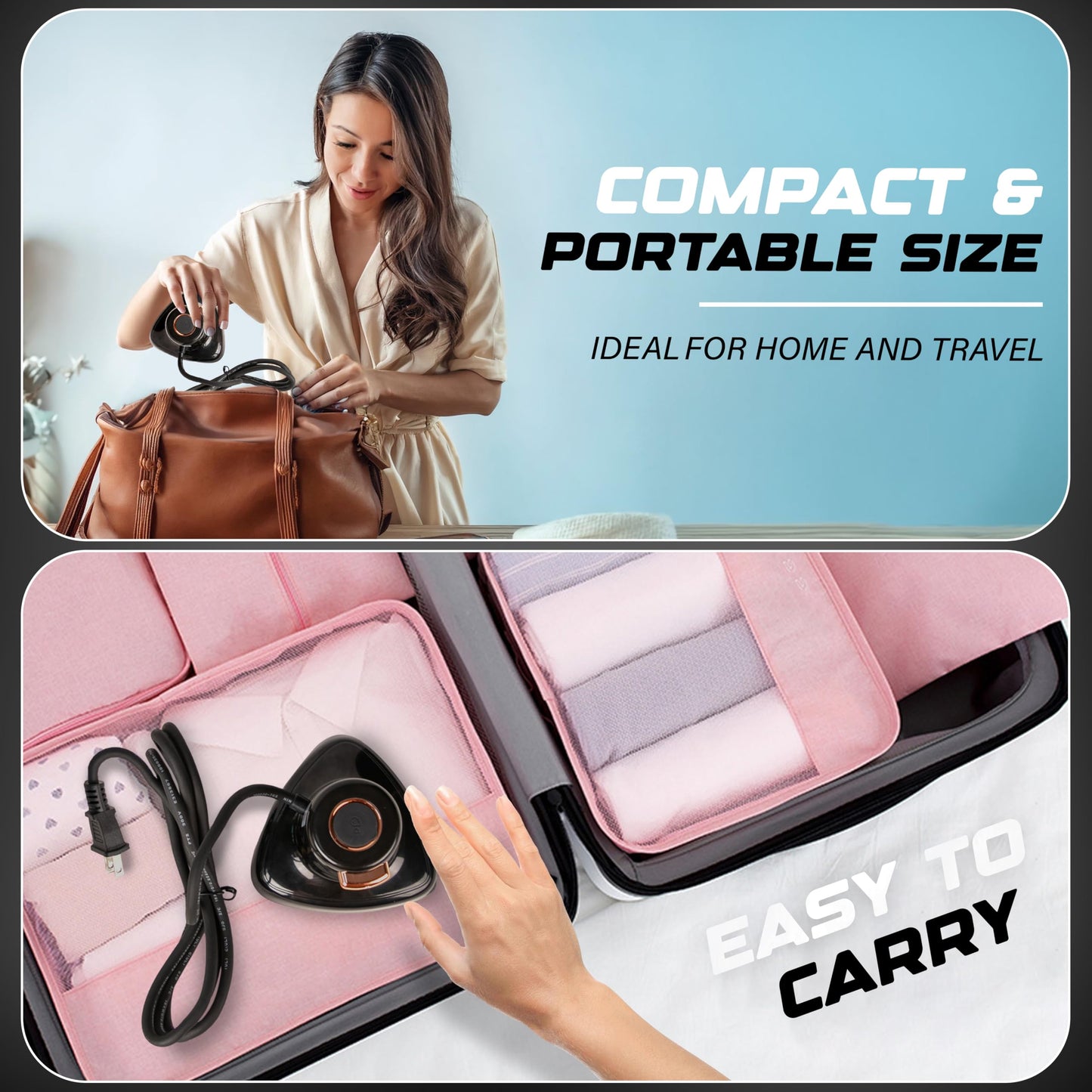 Econour 2-in-1 Mini Travel Iron & Steamer with temperature control, light indicator, and non-stick soleplate. Compact, portable, and ideal for travel, crafting, quilting, sewing, and handcraft project