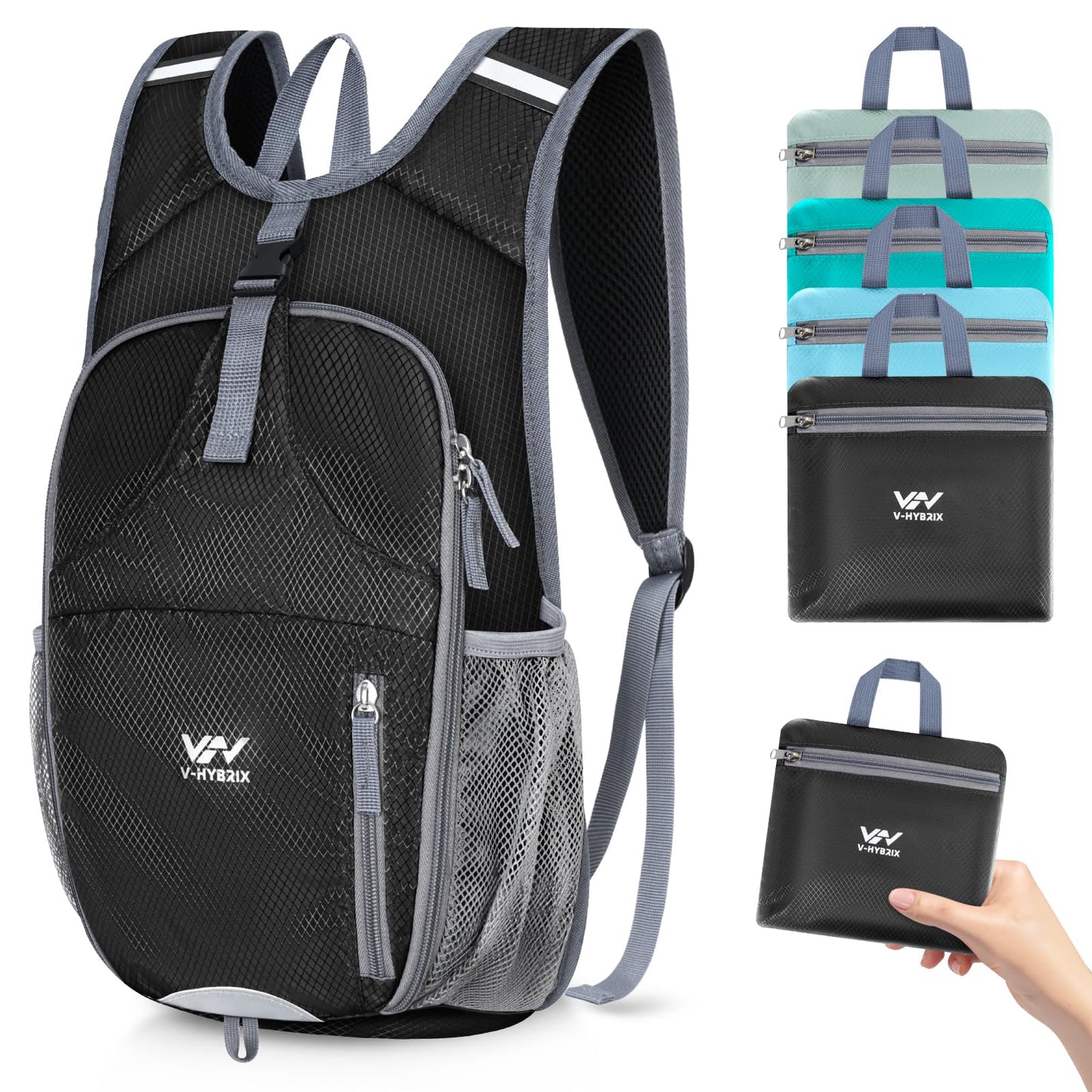 VHYBRIX 15L Lightweight Packable Hiking Backpack - Small Foldable Travel Daypack Outdoor Shoulder Bag Camping Waterproof Backpack for Women Men - Black