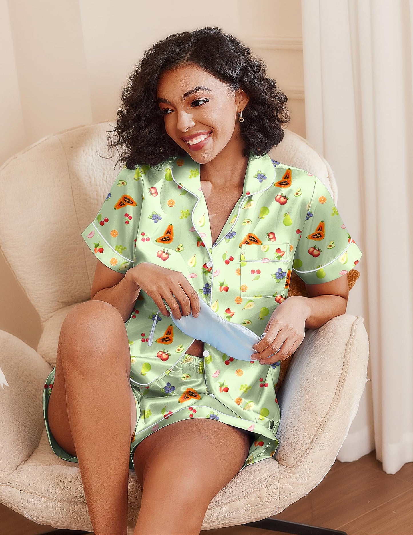 Ekouaer Satin Pajama Set for Women Comfy Short Sleeve Silk Sleepwear Button Up 2 Piece Pjs Shorts Set Bridal Gift,Green Fruit,M