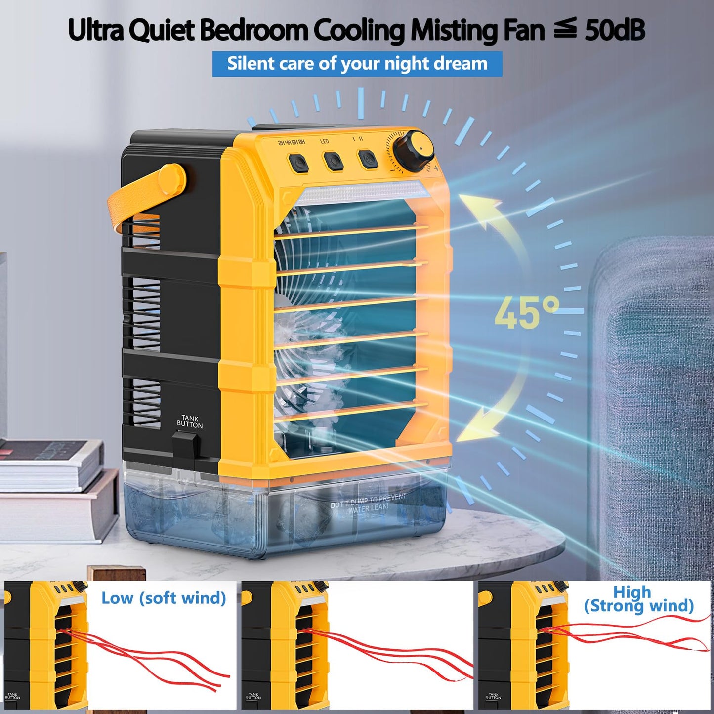 Uniqwamo Misting Fan Portable Compatible for Dewalt 20V/60V Battery(No Battery) or USB Powered, Cooling Fan for Bedroom with 7 Lights, 8H Timer, 1600ML Water Tank for Outside Camping Tent Room Office