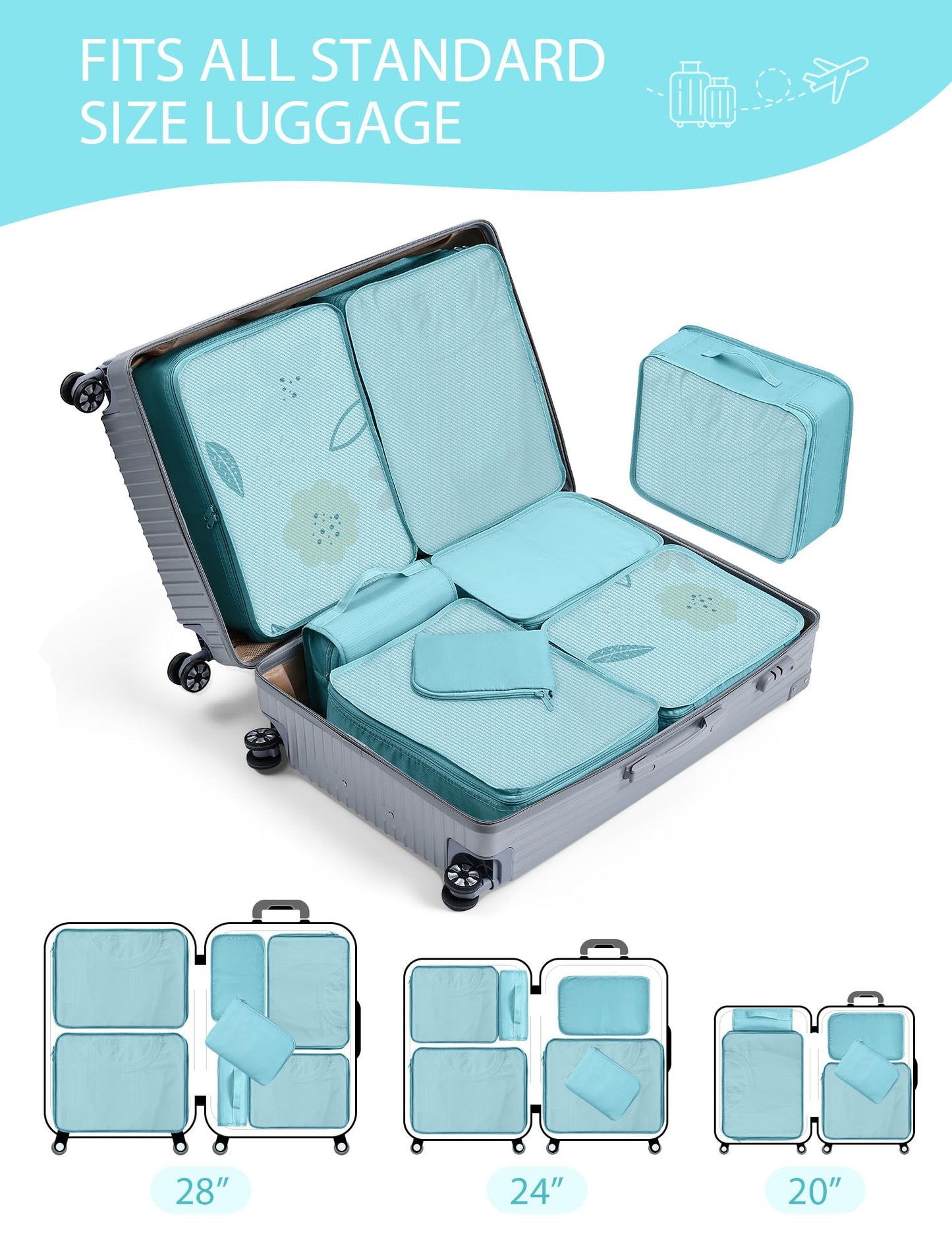 DIMJ Packing Cubes Suitcase, 8 Pieces Packing Cubes for Travel, With Toiletry Bag Hanging, Packing Cubes Carry on Luggage Cubes Packing for Clothes, Shoes, Underwear, Cosmetics, Travel Essential(Blue)