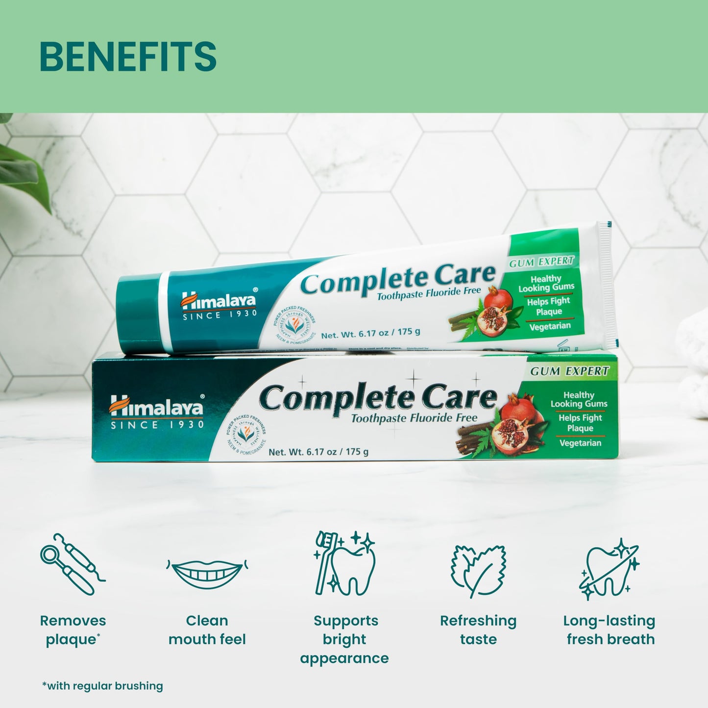Himalaya Complete Care Toothpaste, Fights Plaque, Freshens Breath, Fluoride Free, Plant-Based, with Neem, Pomegranate, No Artificial Flavors, Cruelty Free, Mint Flavor, 6.17 Oz, 2 Pack…