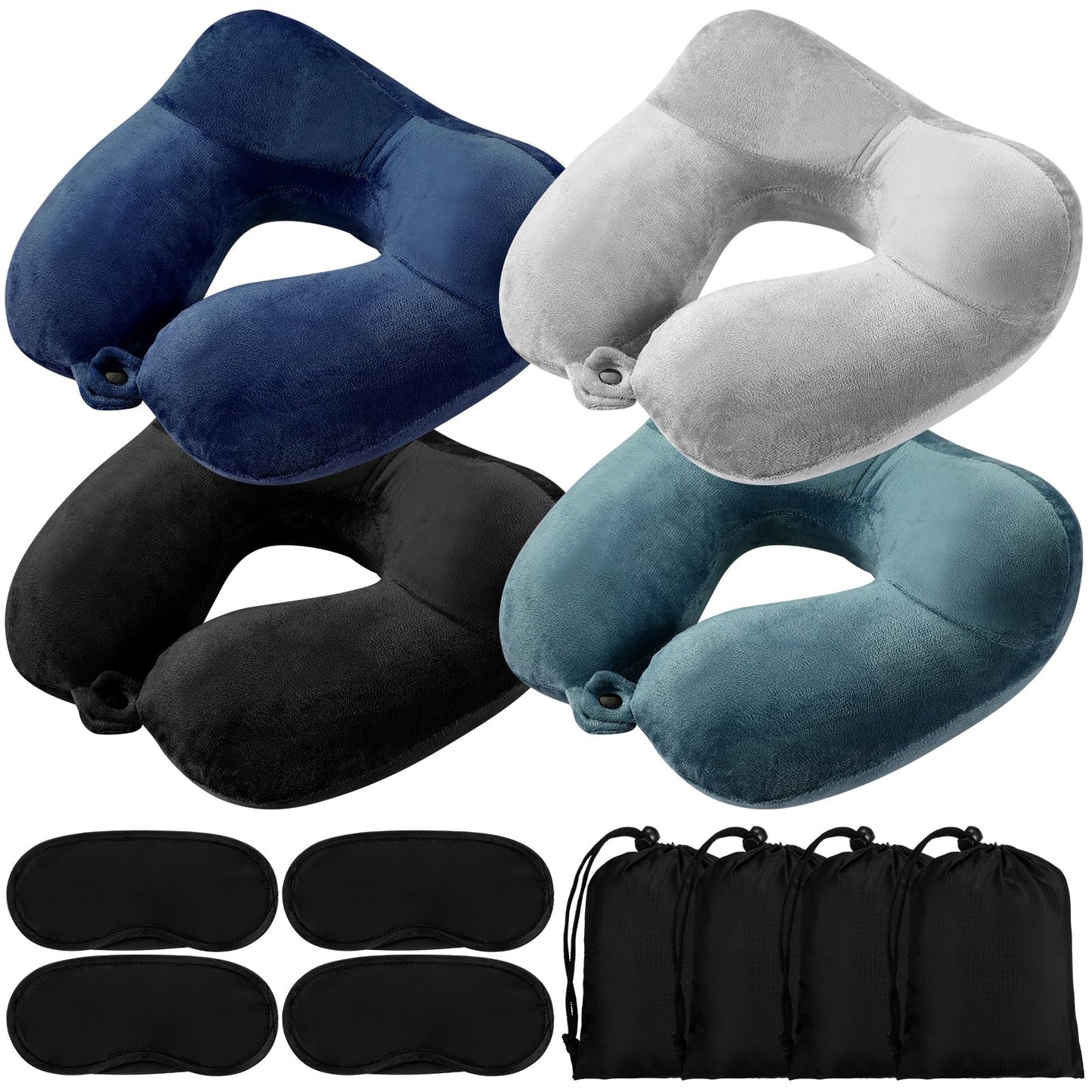 Sintuff 4 Sets Inflatable Travel Pillows for Airplanes with Compact Bag and Blindfold Velvet Inflatable Neck Pillow for Traveling Head Support U Shaped Flight, 12 x 12 x 5.5 Inch(Multi Color)