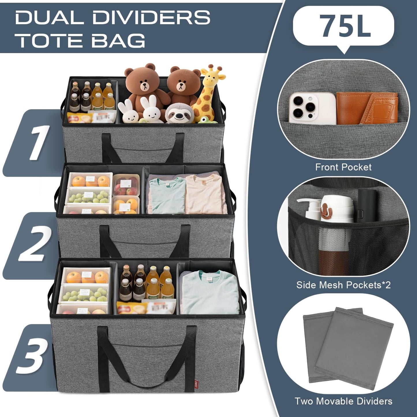 ZOMFELT 75L Standing Extra Large Utility Tote Bag with Removable Dividers & 4-sided Reinforced, Reusable Grocery Shopping Bags Foldable, Car Beach Travel Tote Bag with Handle for Picnics, Laundry