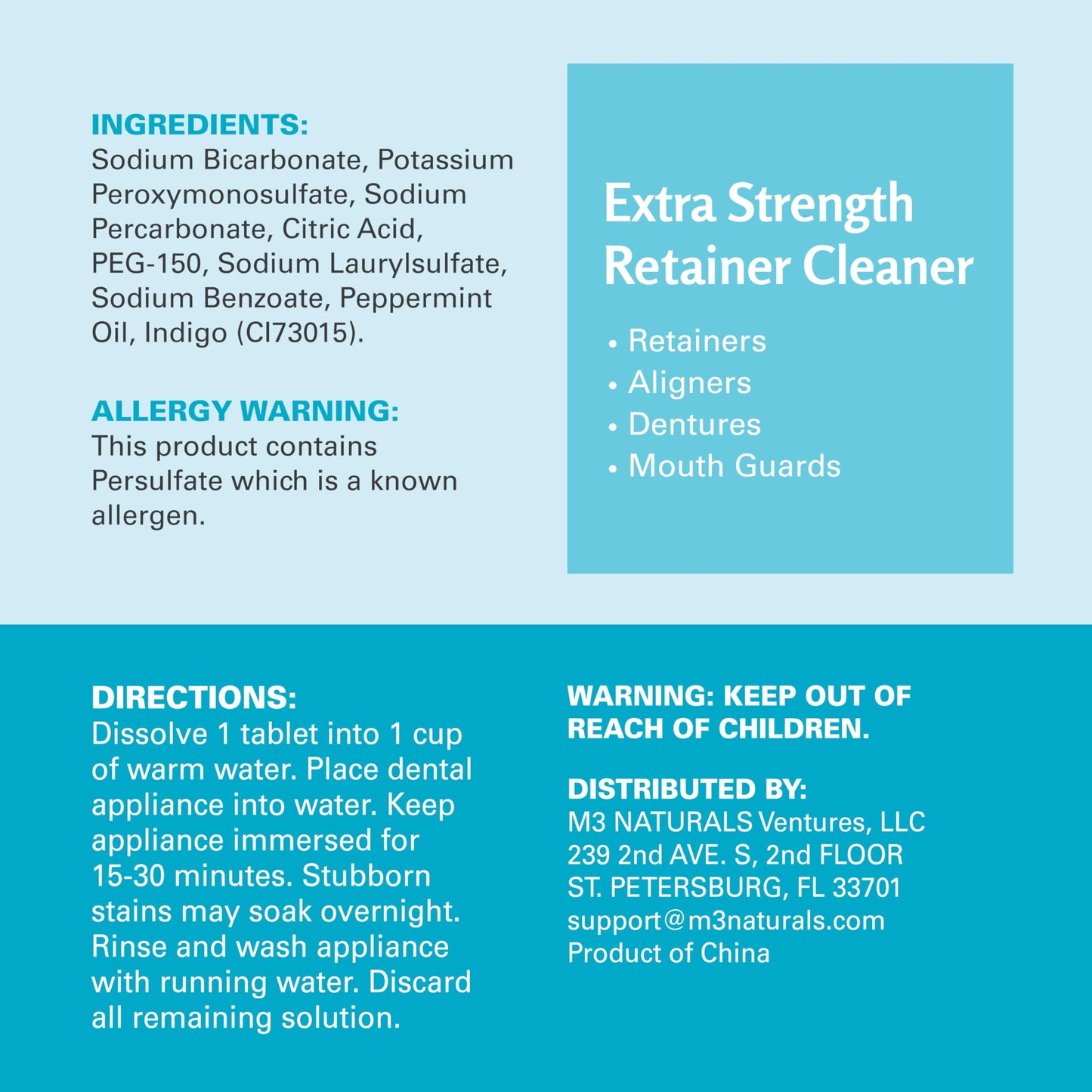 Retainer Cleanser Tablets Invisalign Cleaner, Removes Odors Discoloration Stains and Plaque 4 Month Supply Denture Cleansers Retainers Mouth Guards Denture Bath Mint by M3 Naturals