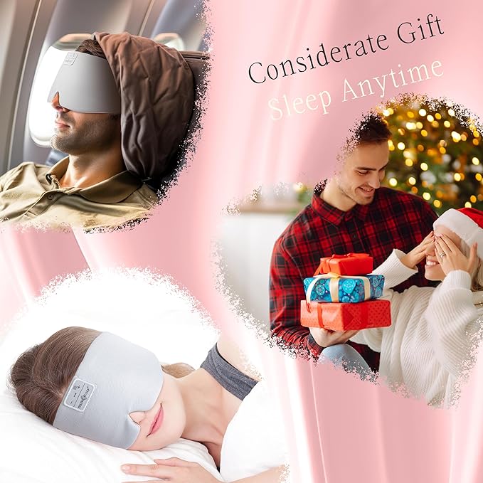 MUSICOZY Ice Silk Sleep Headphones with Bluetooth Mask, Eye Mask for Sleeping in Total Darkness, 5.4 Bluetooth Sleep Mask Sleep Headphones, Soft, Gifts for Men Women (Pink)