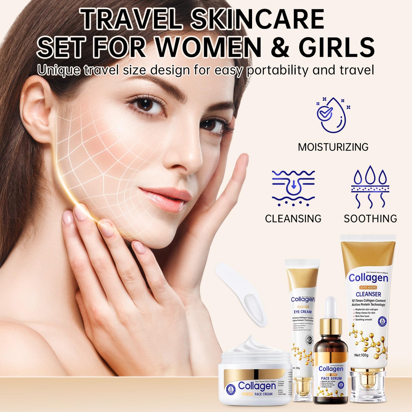 Collagen Skin Care Set, Anti Aging Skincare Set for Reduce Wrinkles, Shrink Pores, Smooth Fine Lines, Hydrating, 4 Pcs Travel Skincare Kits for Women with Cleanser, Serum, Cream, Eye Cream.