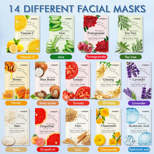 KONEUK 14 Pack Sheet Face Masks Skincare, Hydrating Face Masks Suitable for Dry Skin, Bulk Facial Mask Set for Women Skin Care, Face Mask Gifts Set for Face Spa