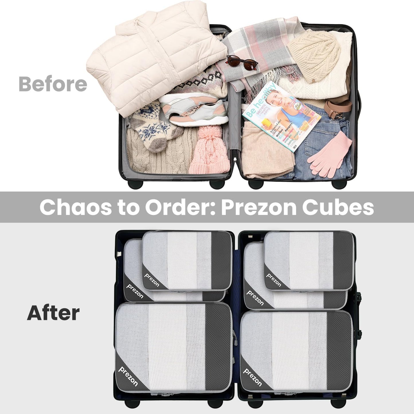 Prezon 8 Set/6 Set/4 Set Compression Packing Cubes for Travel, Lightweight Vacation Travel Essentials,Accessories for Suitcase Organizer Bags Set, Durable Luggage Organizer (6-half mesh-Grey)