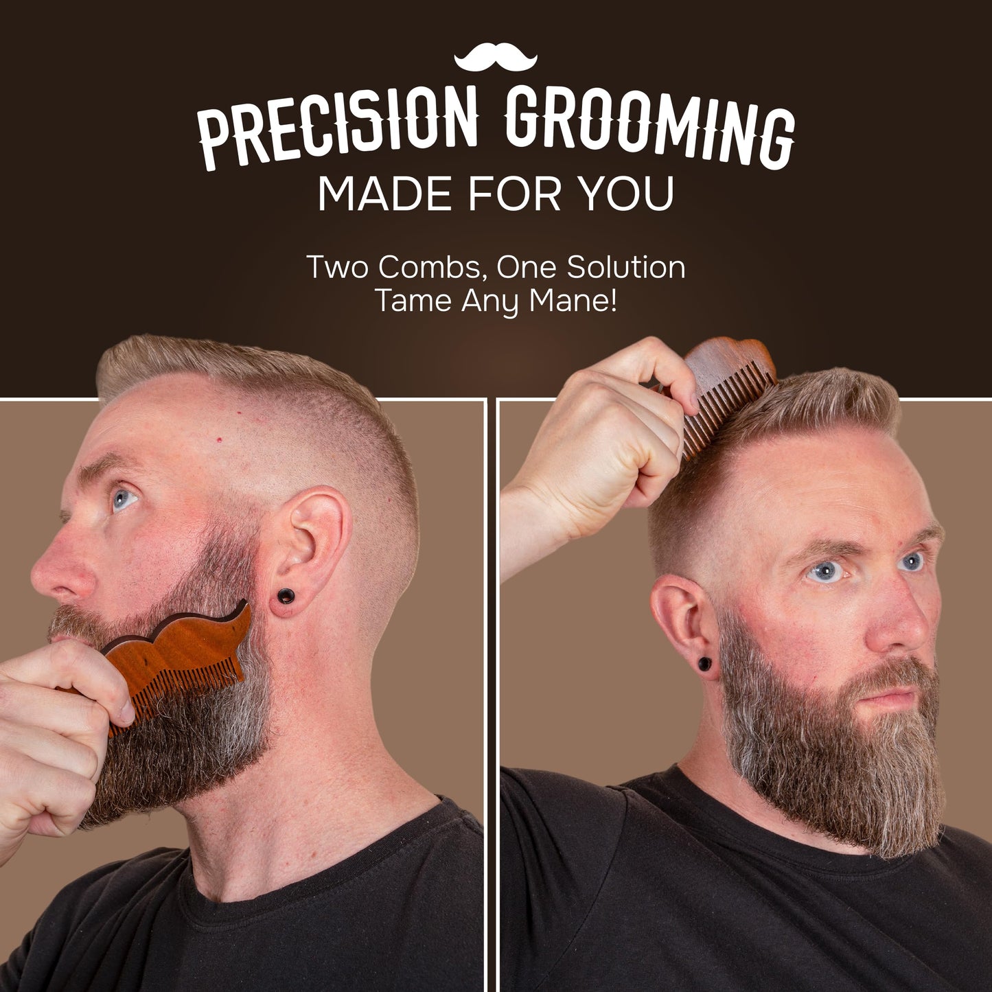 2-Piece Prazoli Mens Sandalwood Mustache, Beard & Hair Comb - Funny, Unique & Cool Gifts Ideas for Husband, Boyfriend, Dad & Man Anniversary | Fine Tooth Hair Care Grooming Set Kit | Mini Small Pocket