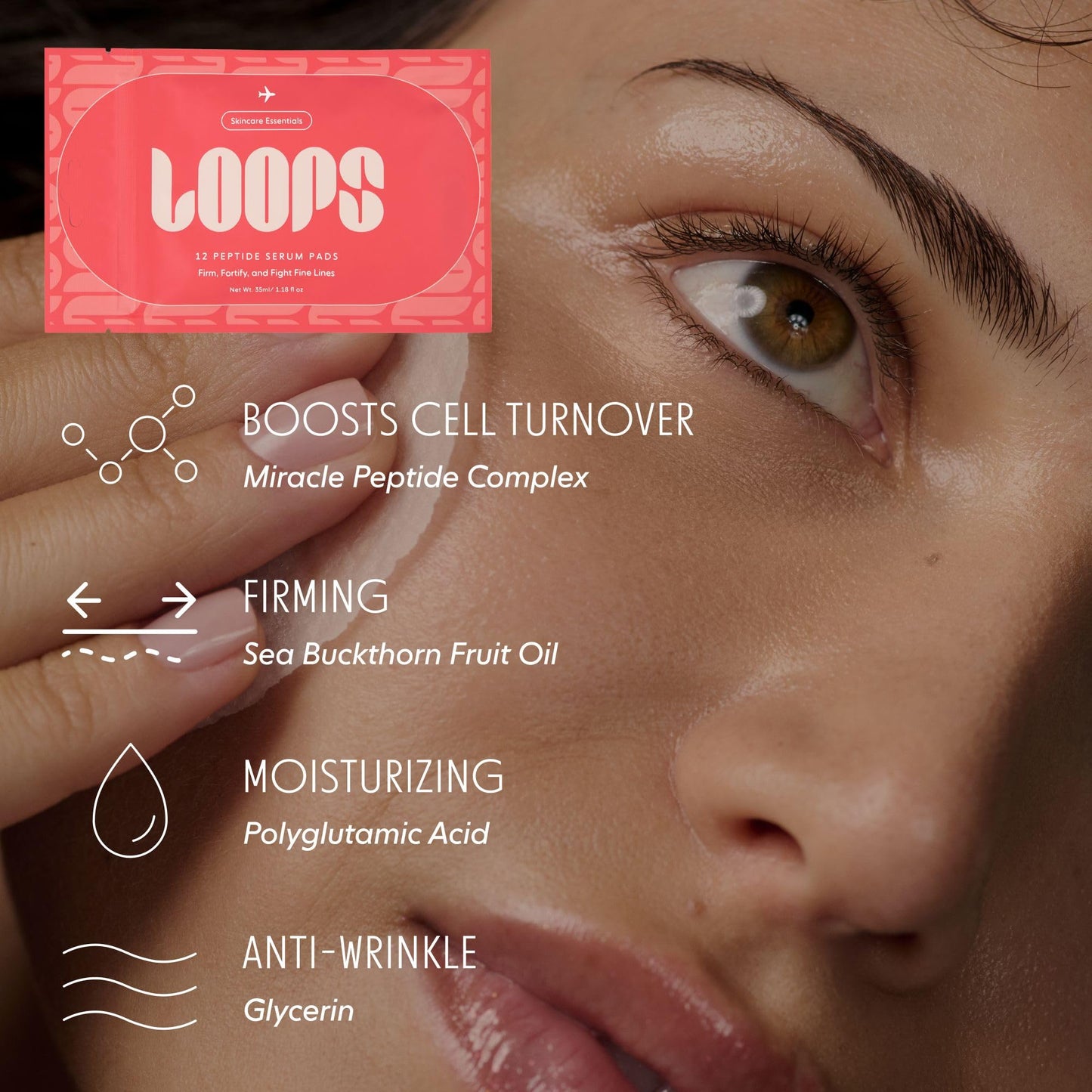 LOOPS Peptide Serum Korean Skincare - Firm, Fortify, and Fight Fine Lines - Anti-Wrinkle and Moisturizing Skin Care - Pre-soaked Veocell Embo Pad - Peptide Complex to Rejuvenate and Prejuvenate Face