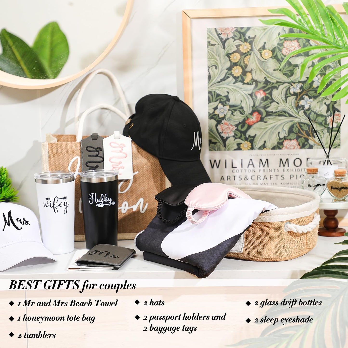 Rtteri 14 Pieces Wedding Gift Set for Couple - Mr & Mrs Honeymoon Gifts Include Wedding Towels, 20 oz Wine Tumbler, Hat, Passport Holder, Baggage Tag, Glass Bottle, Honeymoon Tote Bag