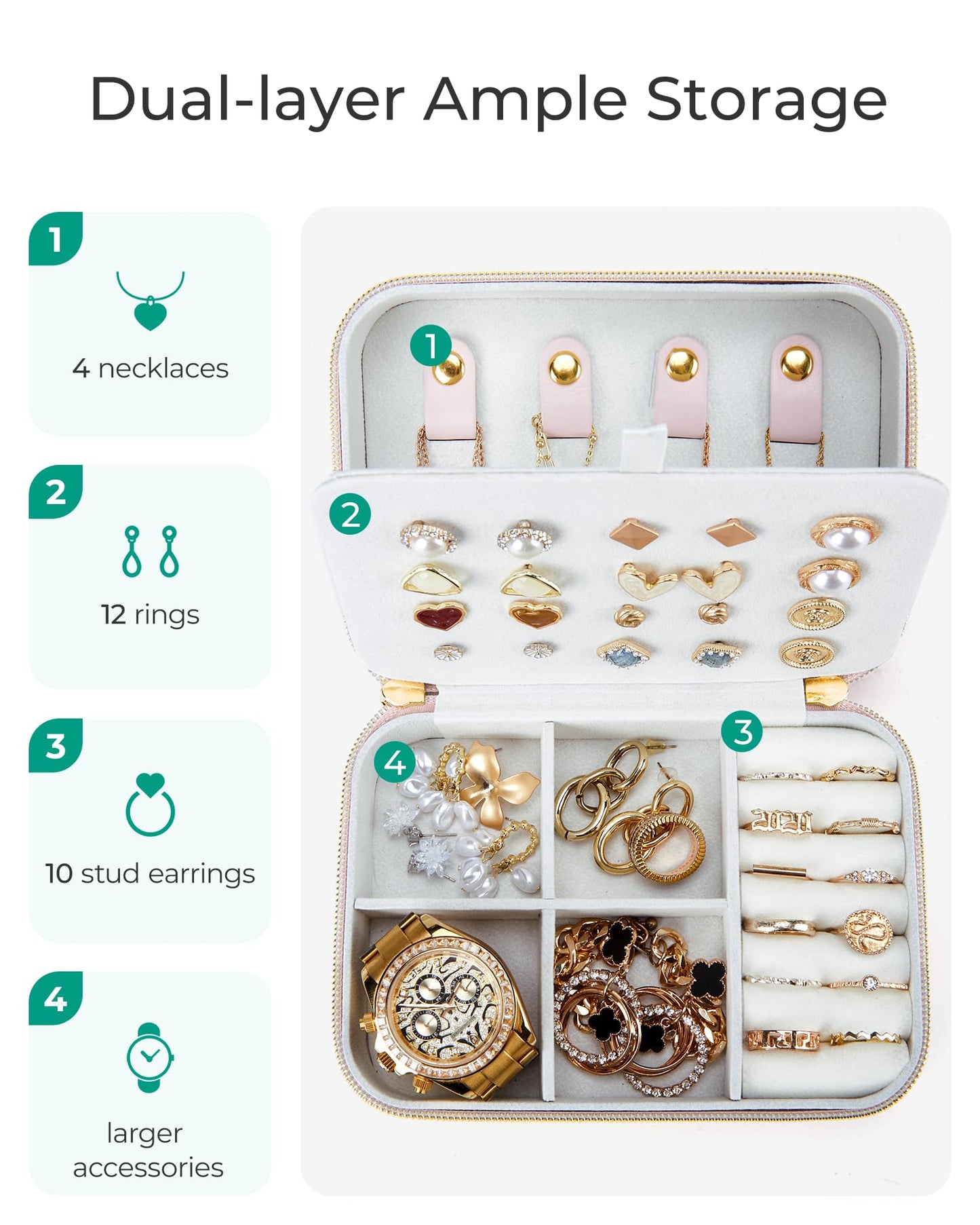 BAGSMART Travel Jewelry Box, Small PU Leather Jewelry Organizer, Portable Double Layer Case for Necklaces, Rings, Earrings, Bracelets, Pink