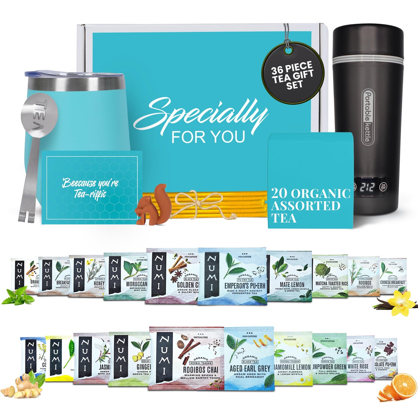 Organic Gift Set with Portable Kettle - 36 Piece Gift for Tea Lovers - Includes Insulated Mug, Assorted Organic Teas, Honey Sticks & Accessories - Ultimate Brewing Experience