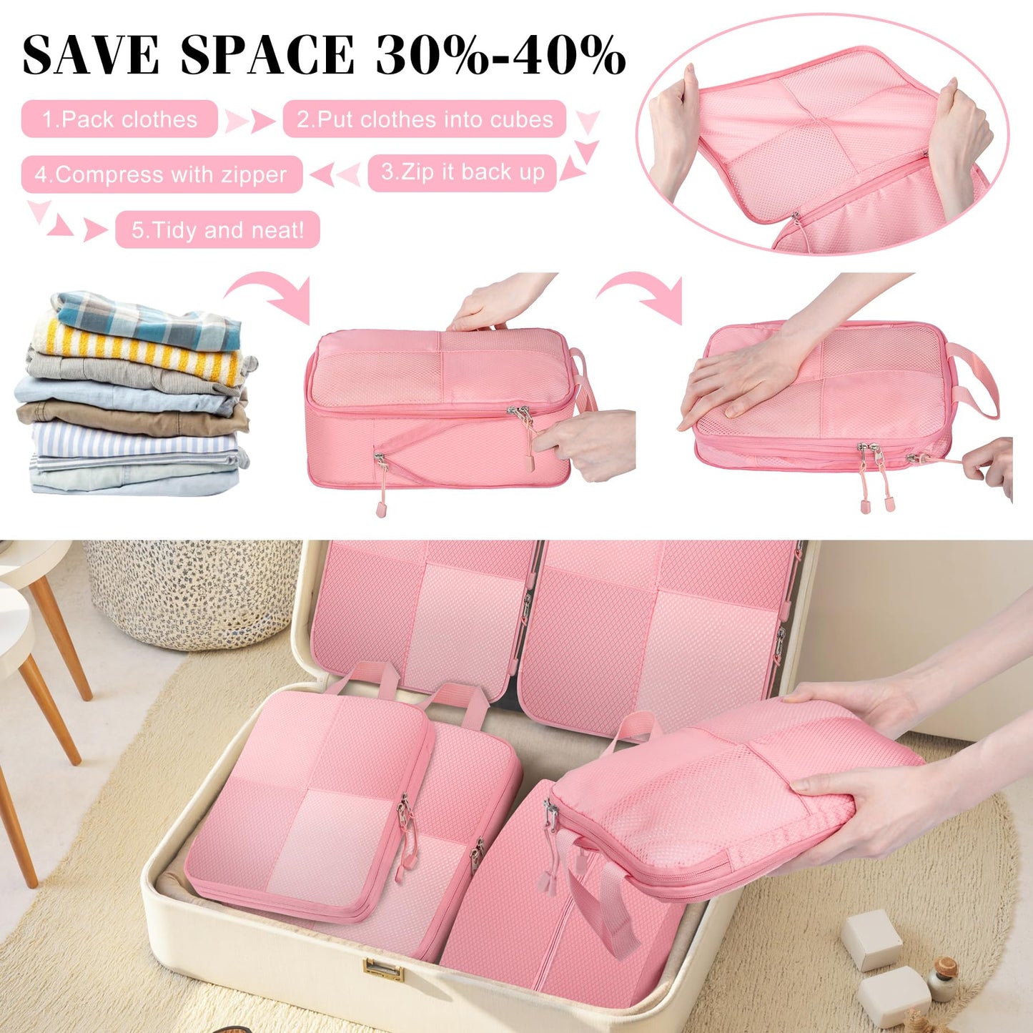 8 Set Compression Packing Cubes Travel, Lightweight Expandable Travel Cubes Suitcase Organizer for Carry On Luggage Suitcase, Pink