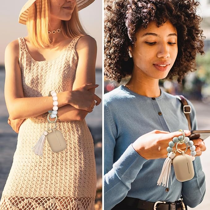 Compatible with Airpods Pro Soft Silicone Case Cover with Bracelet Keychain for Apple Airpod Pro 1st Generation Case for Women (Milk Tea)