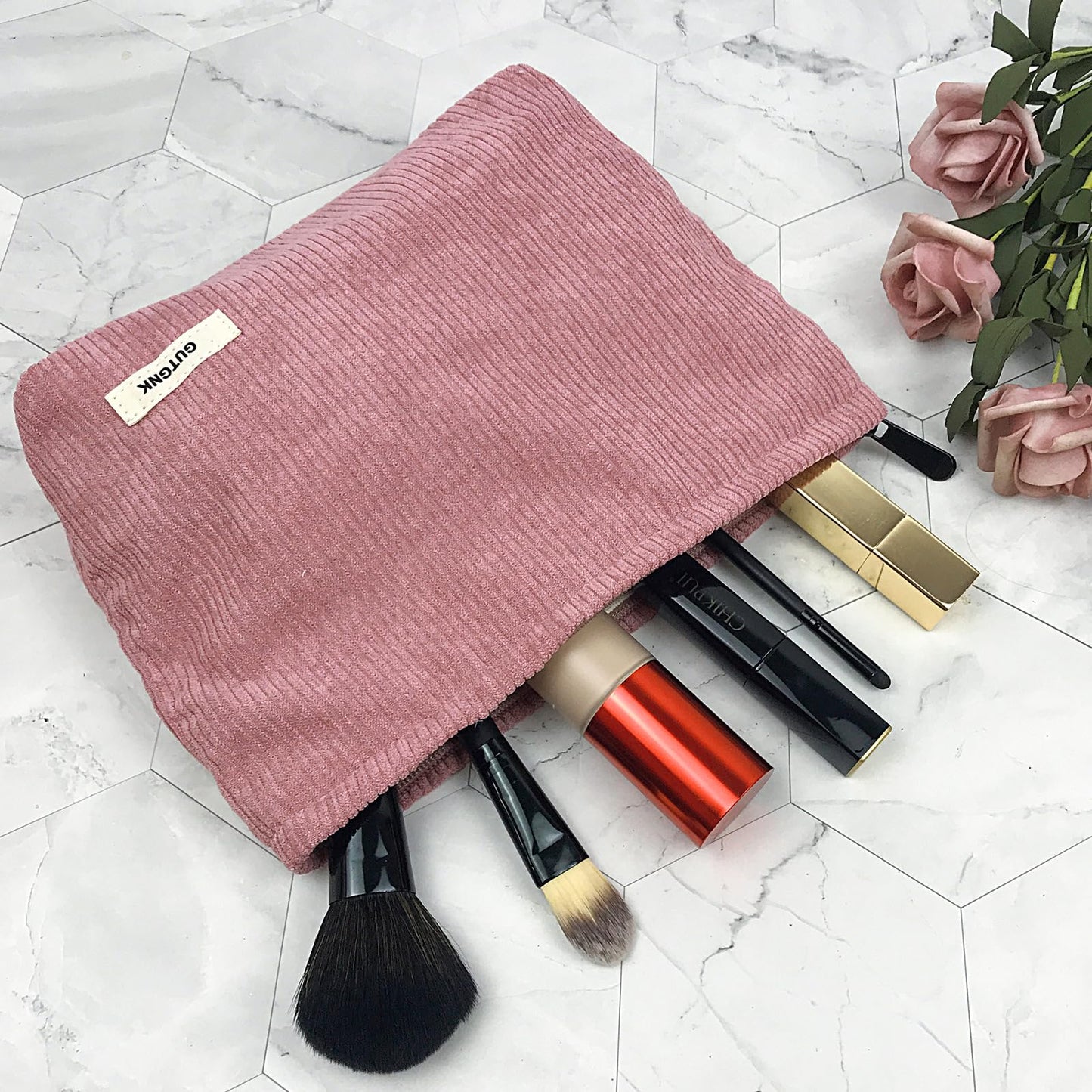 GUTGNK Women's Corduroy Cosmetic Bag, Large Capacity Canvas Cosmetic Bag Travel Toiletry Bag Accessories Organizer, Pink