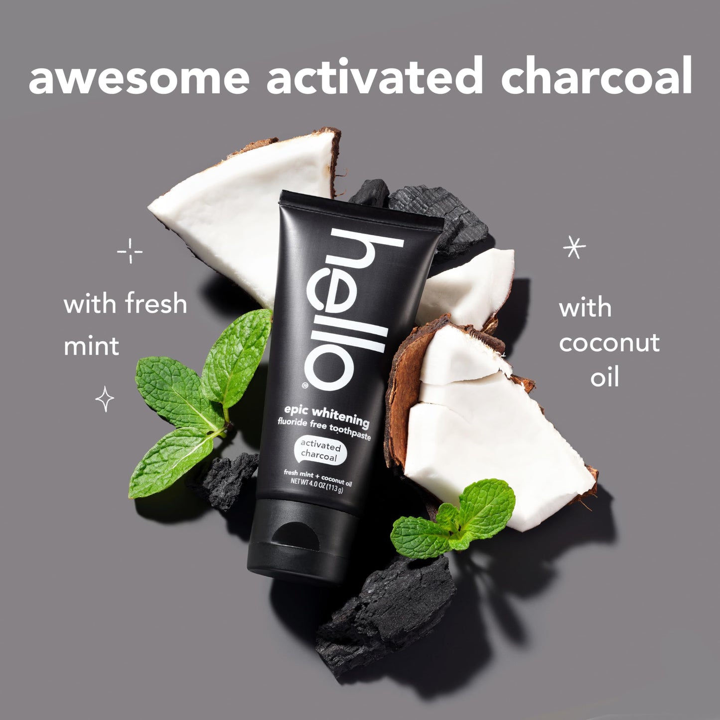 hello Epic Whitening Charcoal Fluoride Free Toothpaste, Activated Charcoal Toothpaste with Coconut Oil, Whitens Teeth Naturally, SLS Free, Fresh Mint, 4.0 Oz Tube
