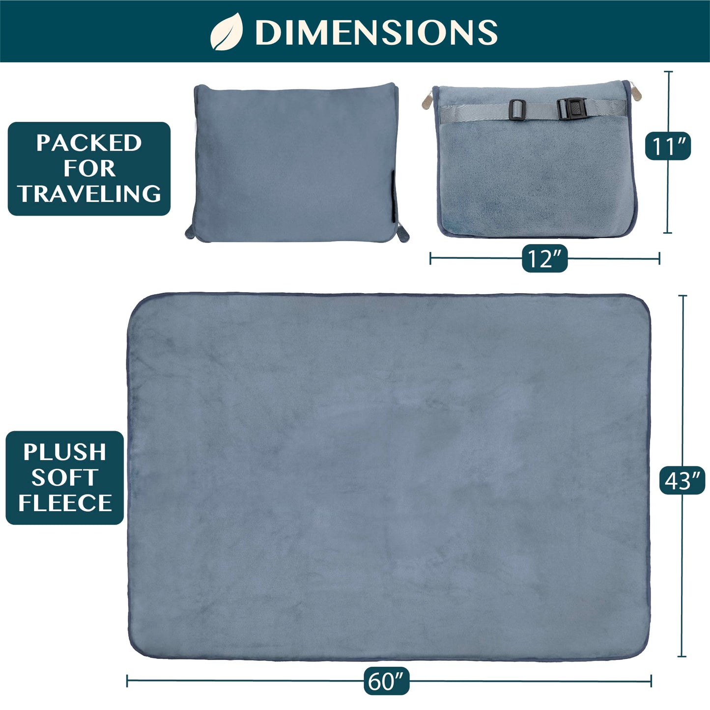 PAVILIA Travel Blanket Pillow, Soft Airplane Blanket 2-IN-1 Combo Set, Plane Blanket Compact Packable, Flight Essentials Car Pillow, Travelers Gift Accessories Luggage Backpack Strap, 60x43 Slate Blue
