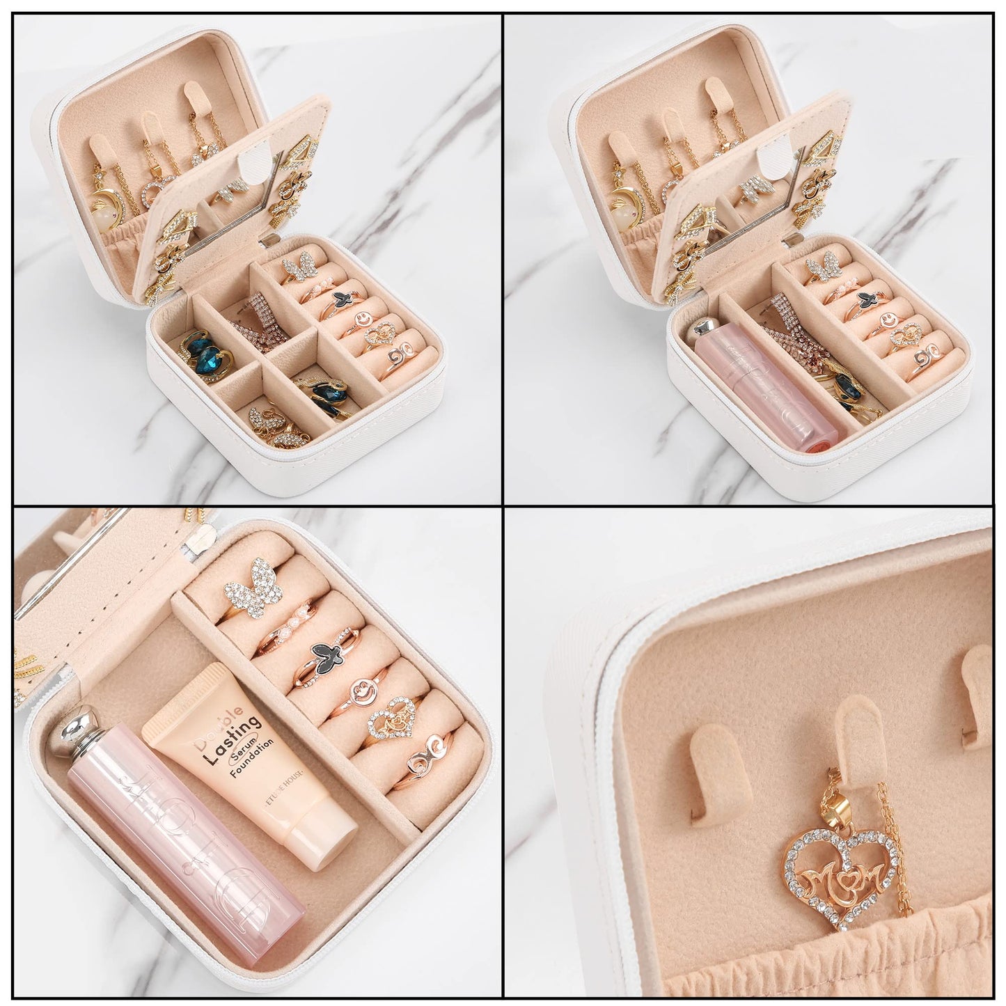 XZUZ Small Travel Jewelry Box With Mirror, Portable Jewelry organizer Display Storage Box for Earrings Rings Necklaces, Jewelry ase for female Girls (White 2pcs).