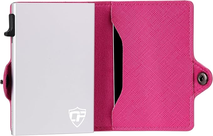 Card Blocr Womens Slim Wallet for Small Purses, Pop Up Wallet with Anti Theft RFID Blocking Credit Card Holder for Women in Pink PU Saffiano