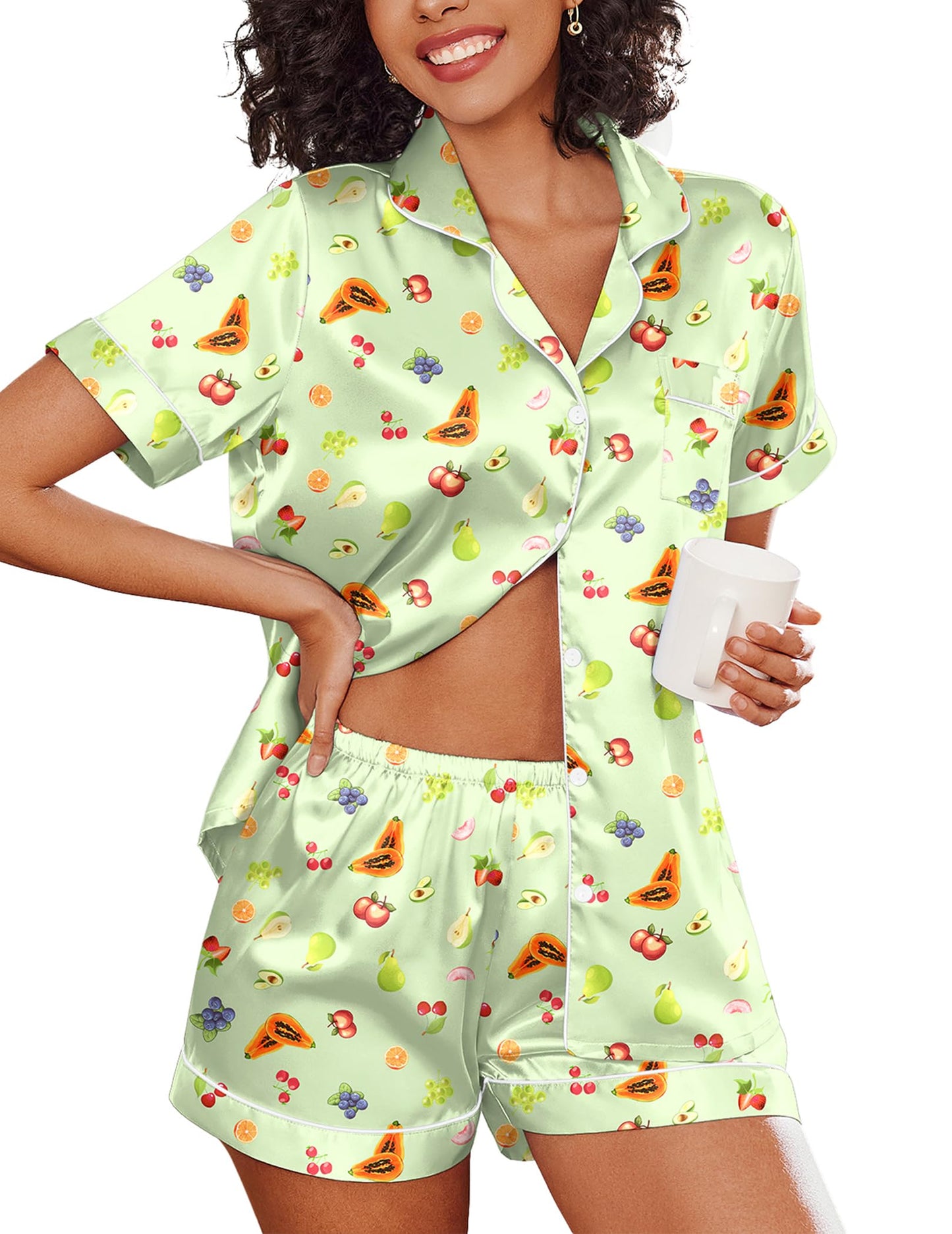 Ekouaer Satin Pajama Set for Women Comfy Short Sleeve Silk Sleepwear Button Up 2 Piece Pjs Shorts Set Bridal Gift,Green Fruit,M