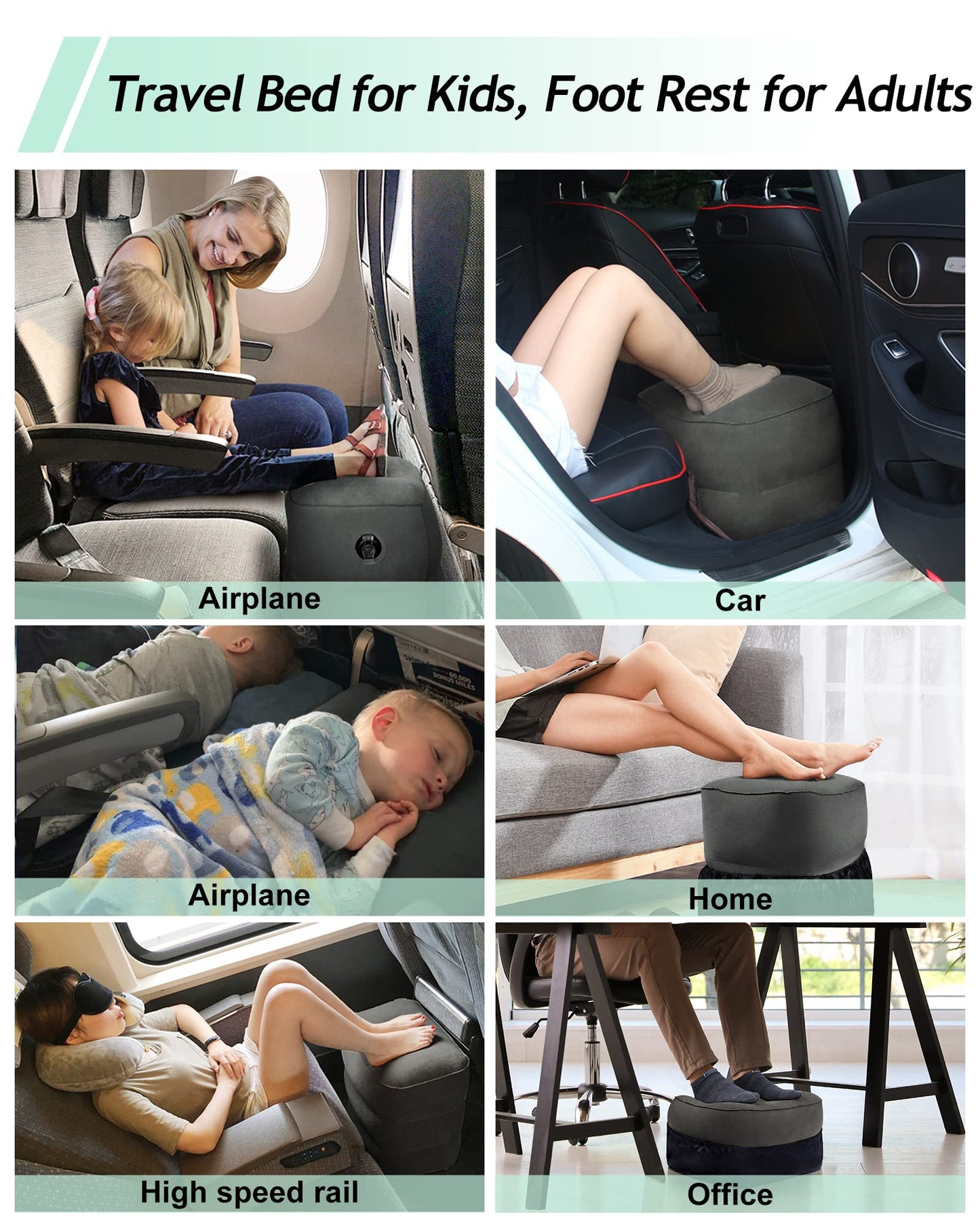 JefDiee Inflatable Travel Foot Rest Pillow, Kids Airplane Bed, Adjustable 3 Layers Height Leg Rest Pillow, Adults Travel Essentials Great for Airplane, Office, Home, Trains, Cars (2 Pack-Dark Grey)