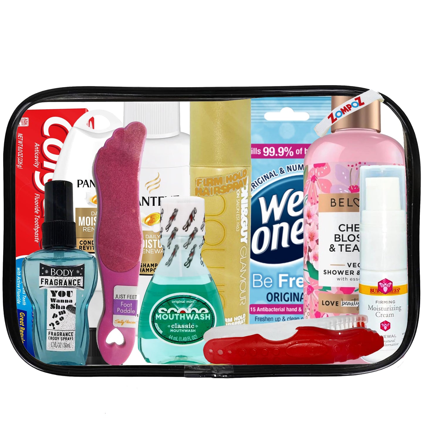 Womens Travel Toiletry Kit, 10 Travel-Size Hygiene Essentials for Bath, Shaving, Personal Care in TSA-Compliant Transparent Bag, Mini Toiletries Kit for Business, Charity, Womens Gift