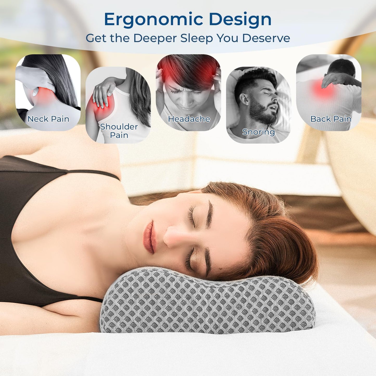 PEUJEW Travel Pillow Memory Foam Pillows, Ergonomic Wave Cervical Neck Pillow for Neck Pain Relief, Compressible Medium Firm Side Sleeper Pillow, Ideal for Camping, Office, Home & Bed (Light Grey, S)