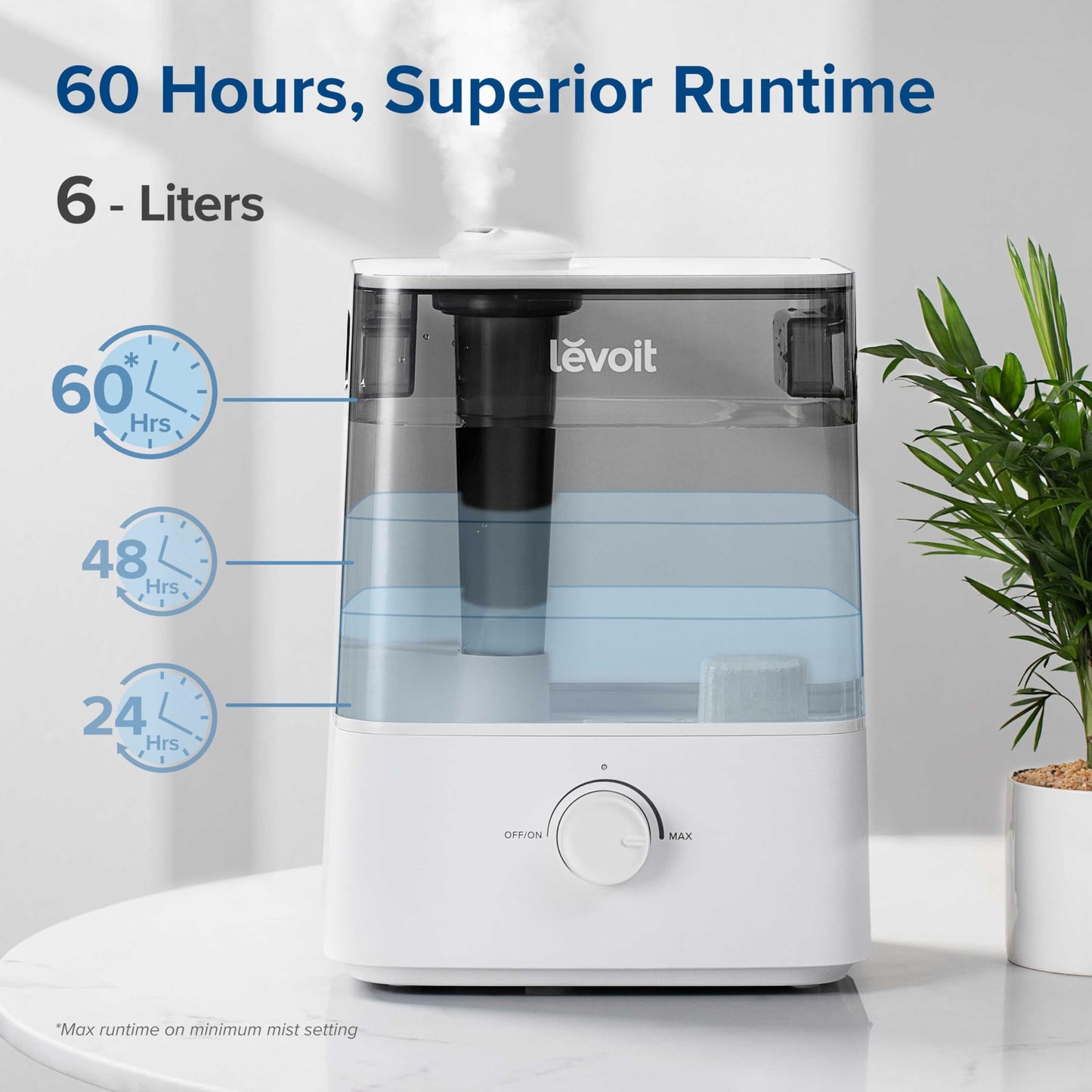 LEVOIT Classic300 Ultrasonic Top Fill Humidifier, Extra Large 6L Tank Last 60-Hour - Super Quiet, Easy to Use and Clean, 360ยฐ Rotation Nozzle, Simple Knob Control, Handle, Auto Shut Off, Gray