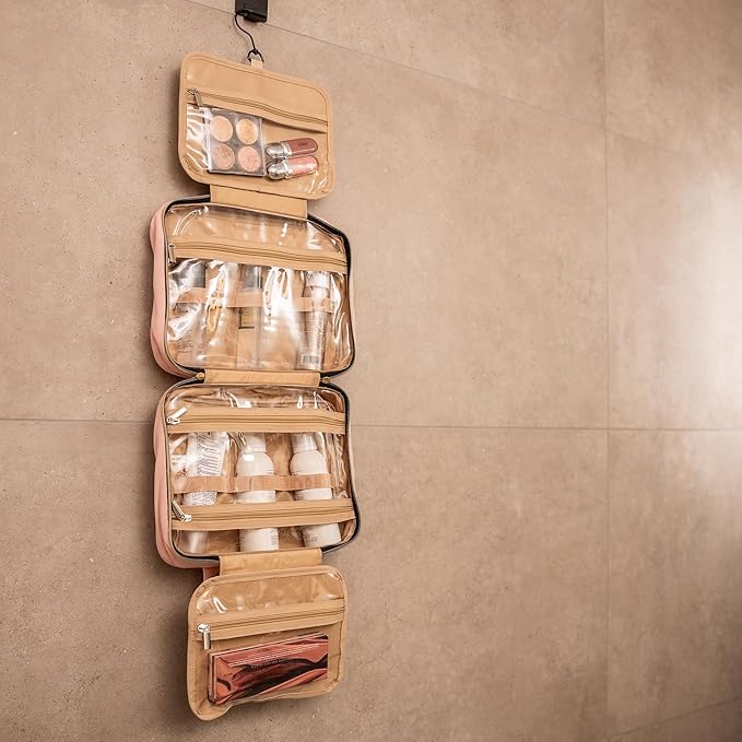 Carrywell |Not Made In China| Hanging Toiletry Travel Bag For Women, Makeup Organizer Case, Water-Resistant Cosmetic Bag For Full-size Containers, Toiletries (Pink, Small)