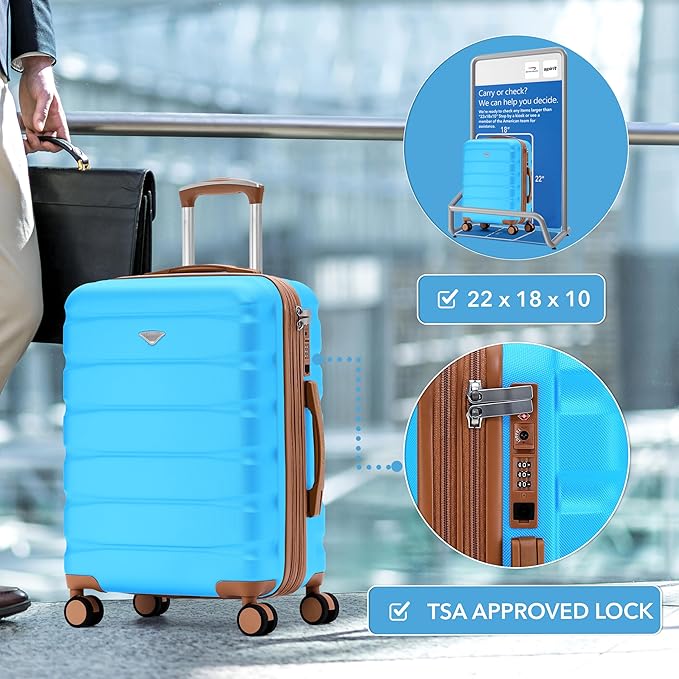 Carry On Suitcase Hardside TSA Lock & USB Port Silent Double Spinner Wheels Maximum Overhead Carry-On Bag Approved For Many Airlines( 22x18x10" ,Turquoise/Tan )