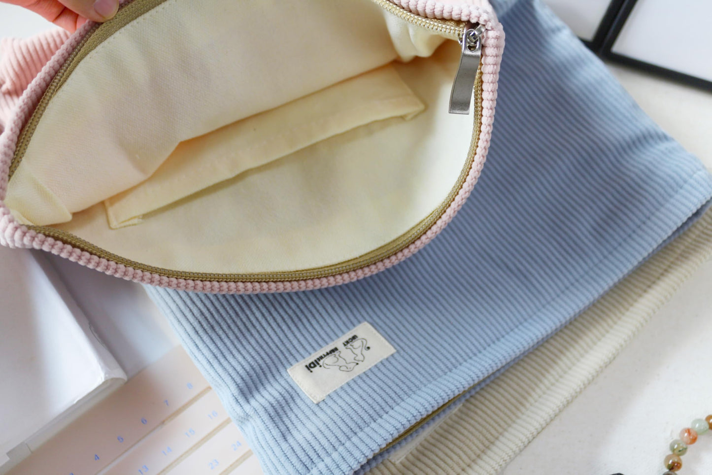 HAPPYHEIDI Large Corduroy Makeup Bag Compartment Cosmetic Toiletry Travel Accessory Pouch Purse Organizer, Soft Creamy Pink