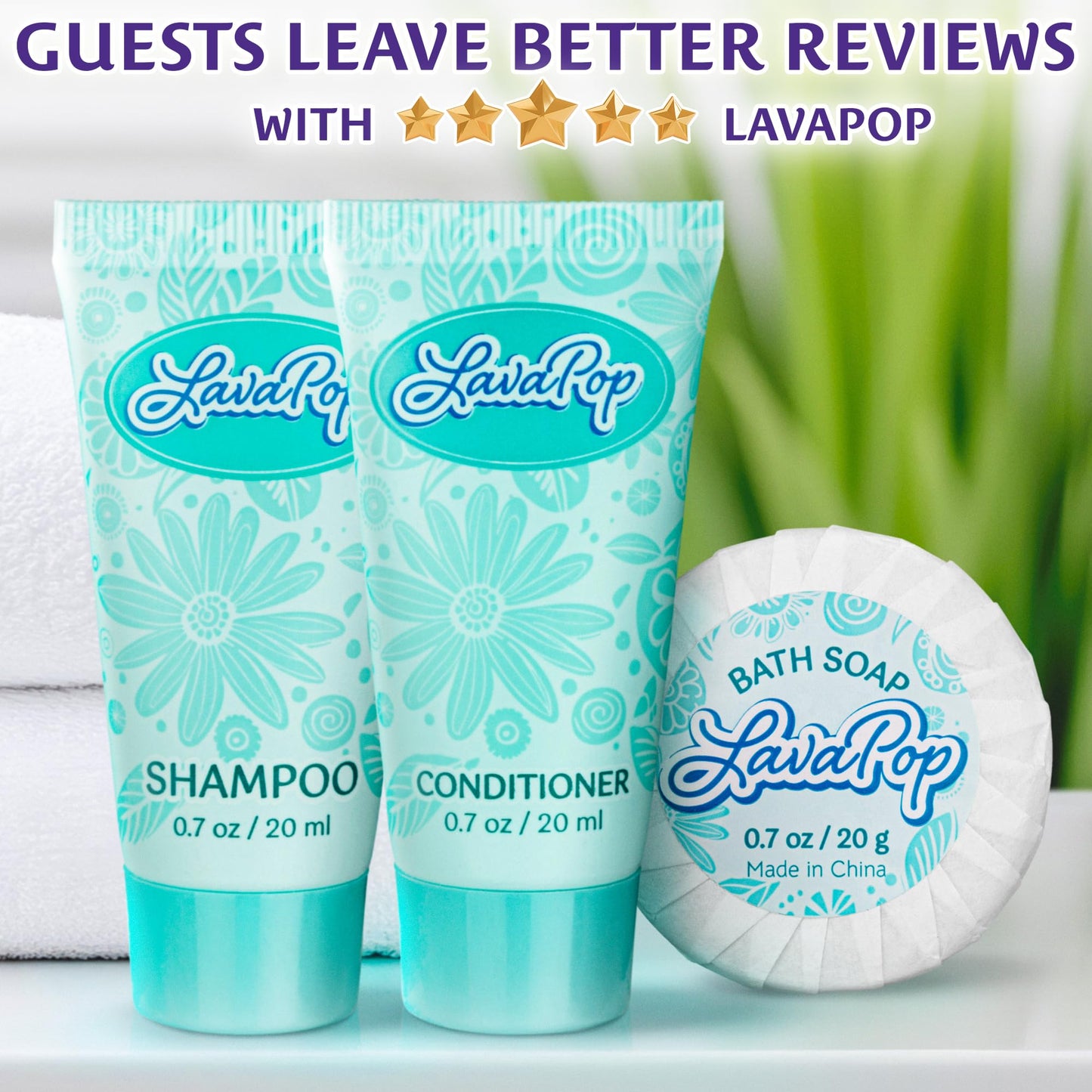 LavaPop - Hotel Soap, Shampoo & Conditioner 3-Piece Set - Iris, Violet & Amber, 0.7 oz each, 150 Pcs - Calming & Comforting Travel Size Amenities - Bulk Toiletries for Airbnb, Motels & Guest Rooms