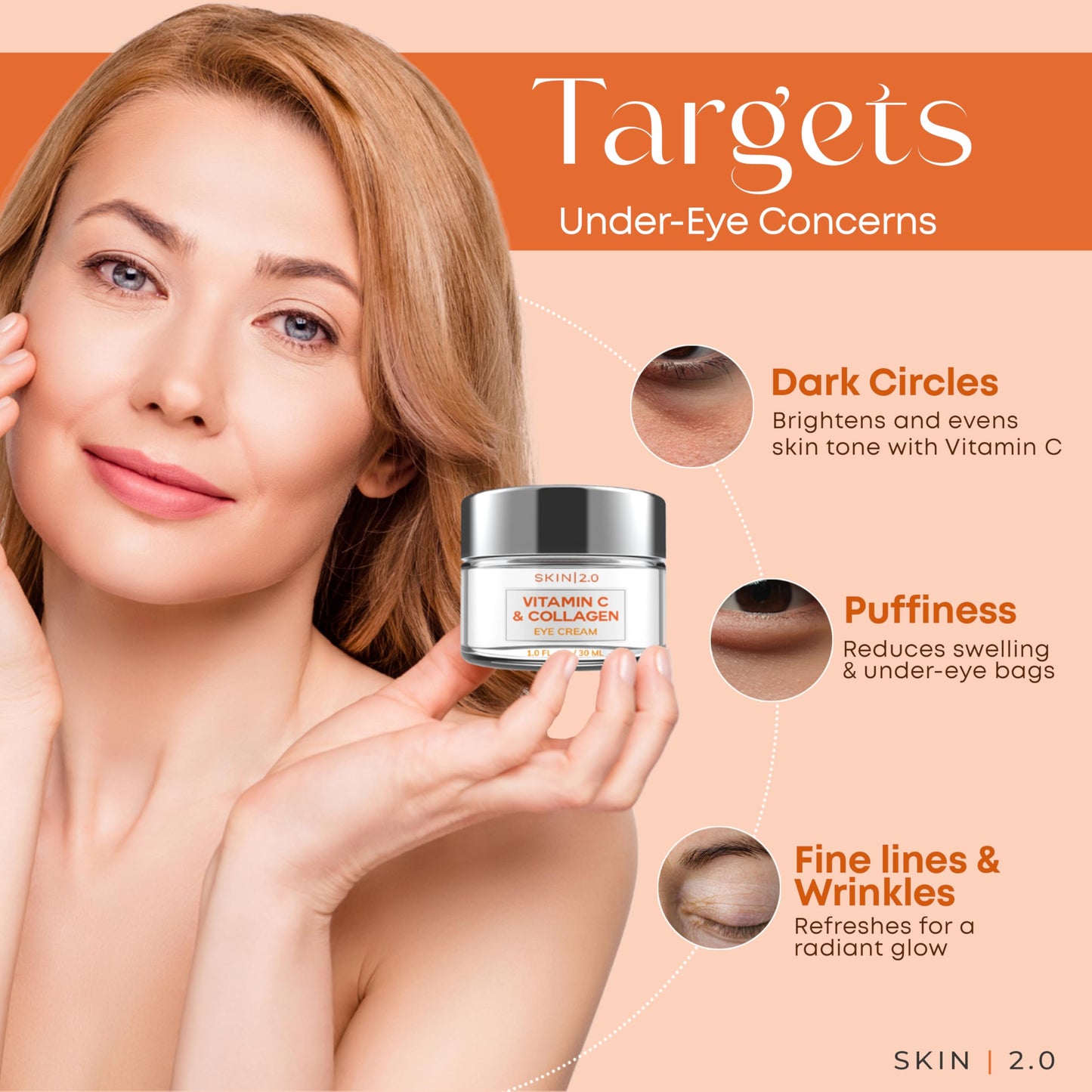 Skin 2.0 Vitamin C & Collagen Eye Cream – Dermatologist-Tested, Anti-Aging, Korean Skin Care, Brightens Dark Circles & Firms Skin – Hydrating & Nourishing Formula - 95% Natural, Vegan– 1.69 FL. Oz