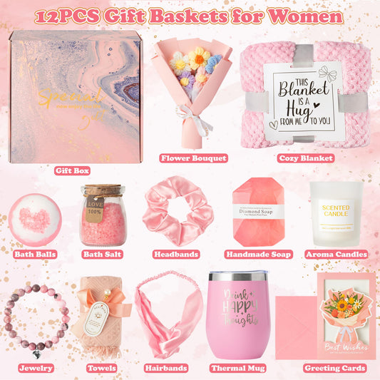 GQIRIL Gifts Basket for Women - 12PCS Unique Birthday Mothers Day Gift Set, Bath Relaxing Spa Present Basket Set, Self Care Package for Her Mom Sister Female Friends Wife Girlfriend Grandma Daughter