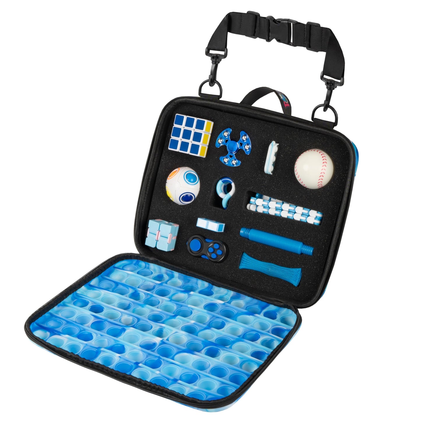 POPRIDER Travel Fidget Case Set with 12 Fidget Toys, Road Trip Activities for Kids, Airplane Must Haves for Kids, Sensory Toys, Car Travel Essentials for Long Trips (Blue)