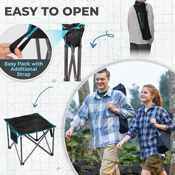 FUNDANGO Folding Camping Stool, 18.1 Inch Oversized Foot Rest 440 Lbs Heavy Duty Portable Padded Stools Seat Anti-Slip Foots & Carry Strap for Fishing Outdoor Lawn Travel (Black)