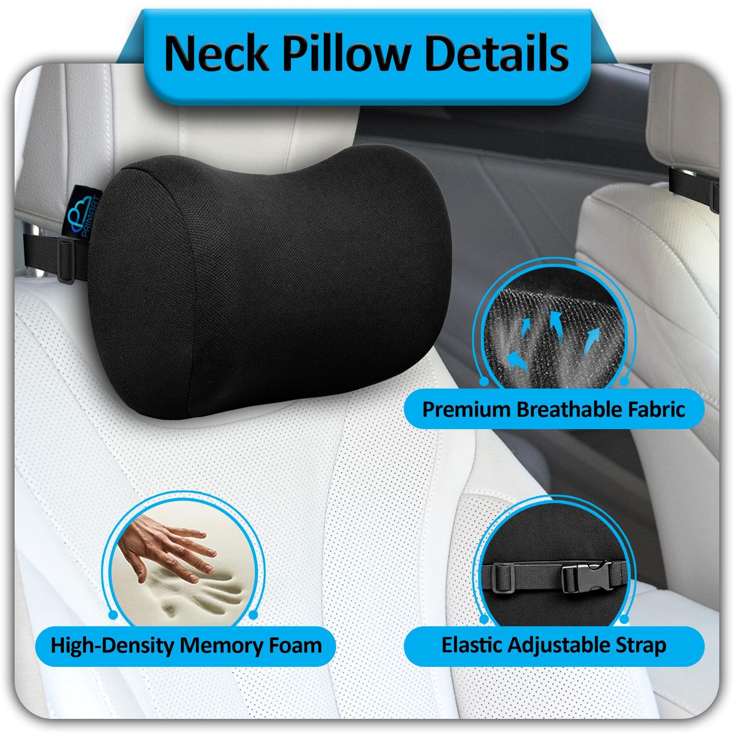 2 Pack Car Neck Pillow, 100% Memory Foam Car Headrest Pillow for Neck Support, Breathable Removable Cover & Adjustable Strap, Ergonomic Design for Driving Comfort, Neck Pain Relief, Travel