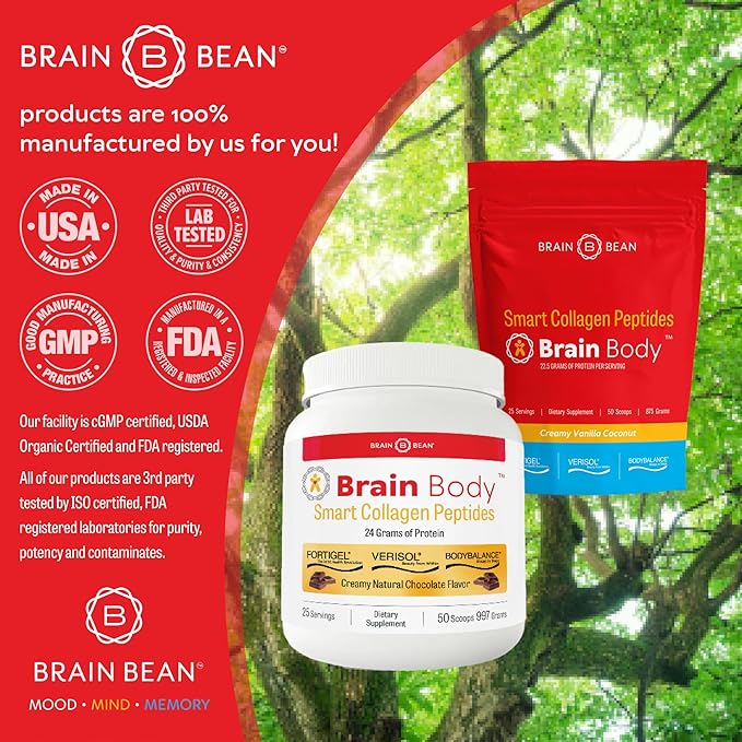 Brain Body Collagen Peptides Powder - Vital Protein & Collagen Supplement for Women & Men - Hydrolyzed Type I & III for Hair, Skin, Nails & Joint Health - 25 Servings - Creamy Vanilla Coconut - 875g