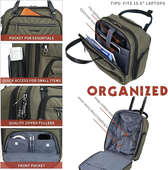 KROSER Carry On Underseat Multi-functional, 16-inch Underseater Lightweight Overnight Suitcase for Women, Olive