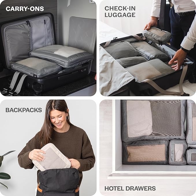 Compression Packing Cubes for Travel - Luggage Organizer Bags - Double Zipper Packing Cubes for Suitcases (6-Pack, Dark Grey)