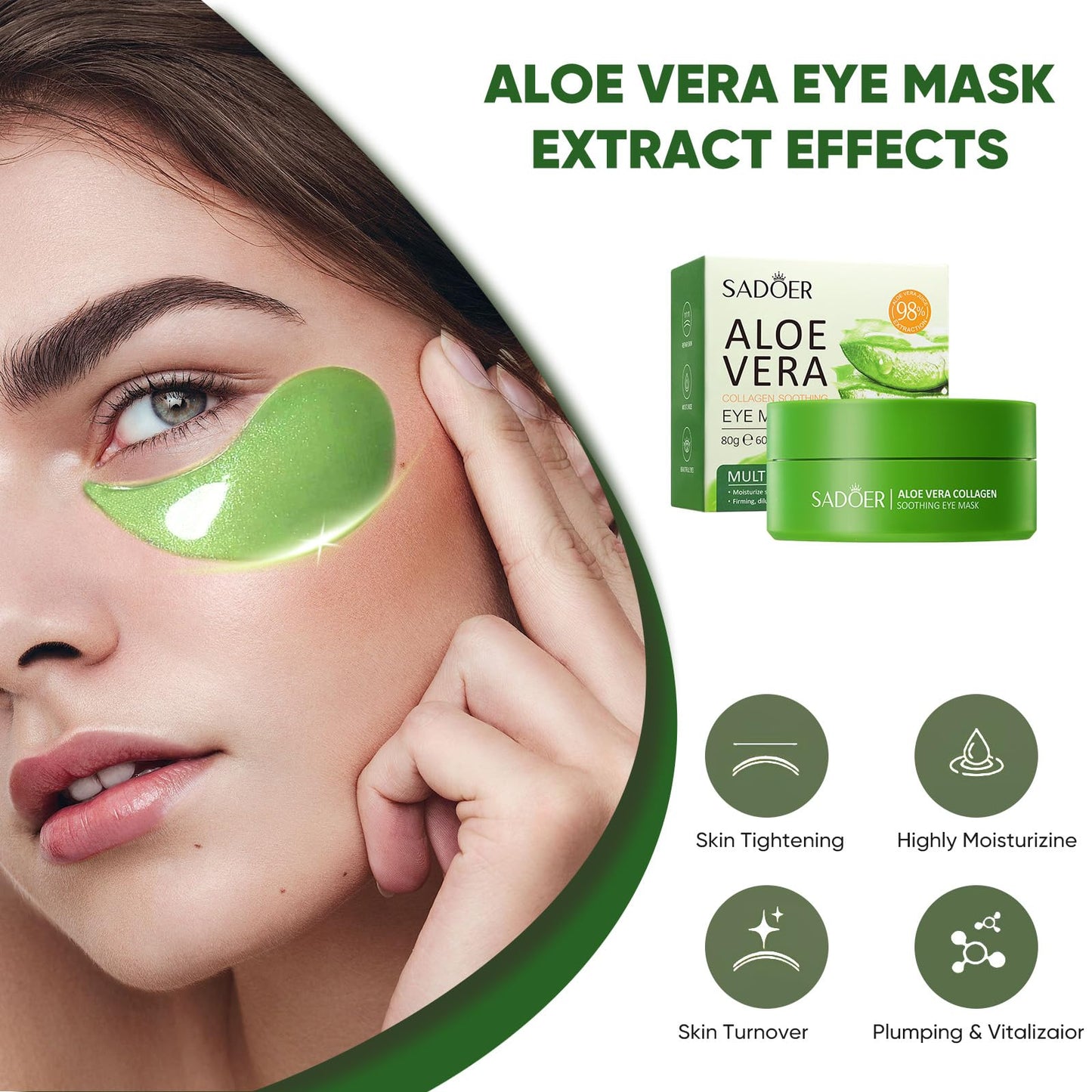Aloe Vera Eye Mask- 60 PCS Aloe Vera Under Eye Patches-Under Eye Patches for Dark Circles,Eye Puffiness & Dark Circles Treatment,Reduces Wrinkles & Fine Lines,Improves & Firms Eye Skin