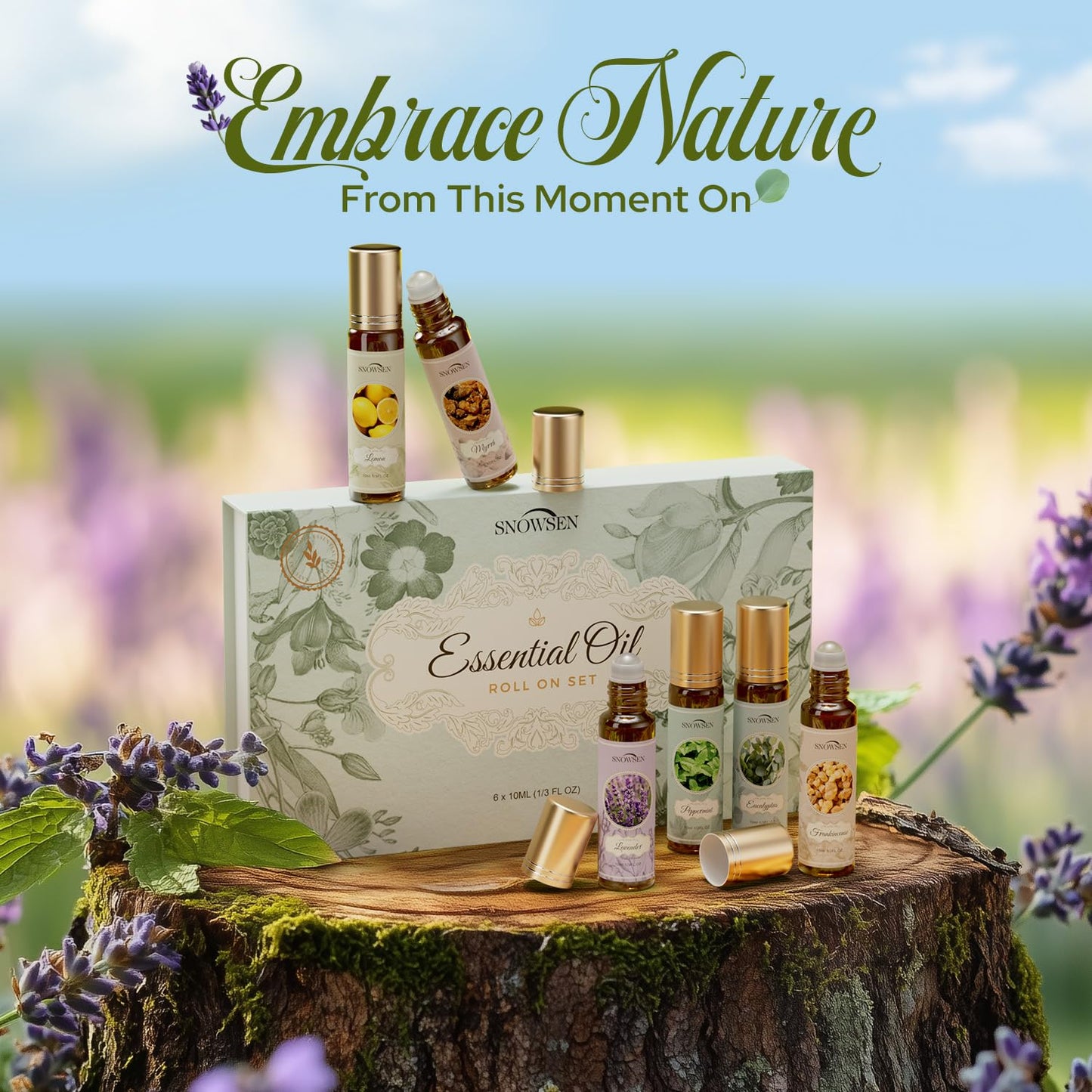 Essential Oils Roll on Set, Aromatherapy Oils with Roller Ball for Skin, Natural Essential Oil Roller Gift Set with Lavender, Peppermint, Frankincense, Eucalyptus, Lemon, Myrrh