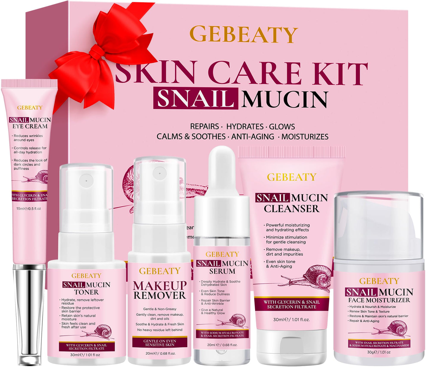 Skin Care Set,Korean Snail Mucin Essence Anti-aging Moisturize Repair Soothe Hydrate,Glass Skincare Routine Kit for Dull & Dry Skin,Skincare Gift Set Teens Stocking Stuffers Christmas Gifts for Women